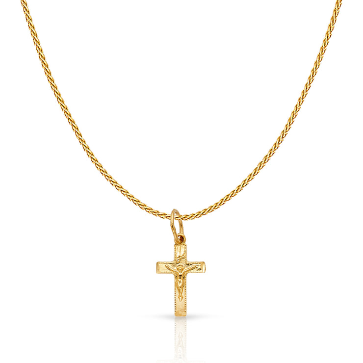 14K Gold Crucifix Charm Pendant with 0.9mm Wheat Chain Necklace