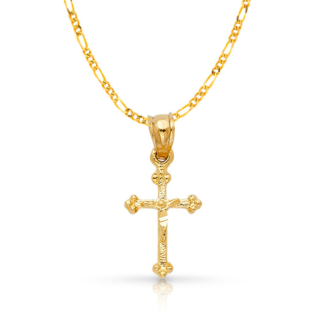 14K Gold Crucifix Charm Pendant with 2mm Figaro 3+1 Chain Necklace