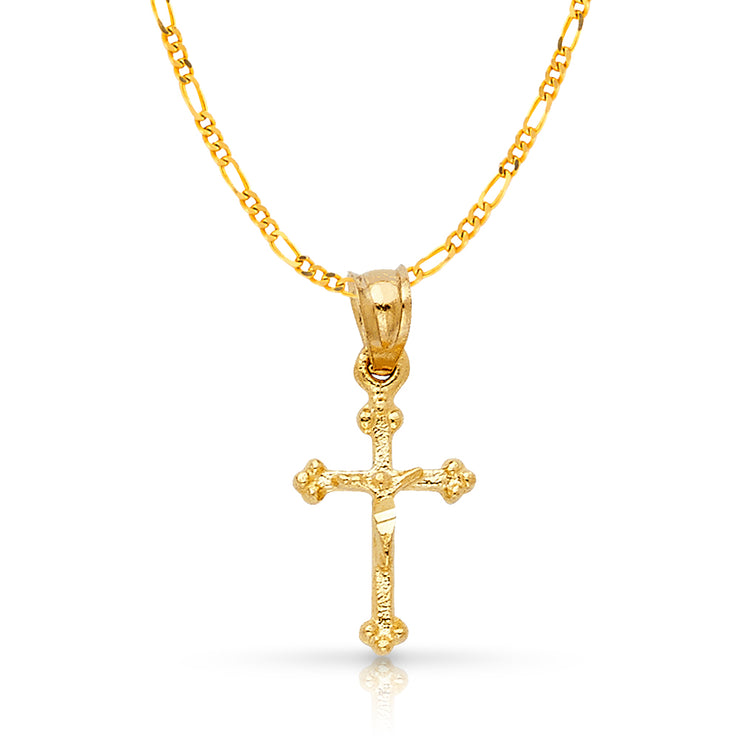 14K Gold Crucifix Charm Pendant with 2mm Figaro 3+1 Chain Necklace