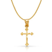 14K Gold Crucifix Charm Pendant with 1.5mm Flat Open Wheat Chain Necklace