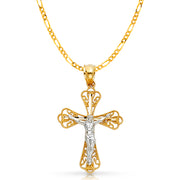 14K Gold Crucifix Charm Pendant with 2.3mm Figaro 3+1 Chain Necklace