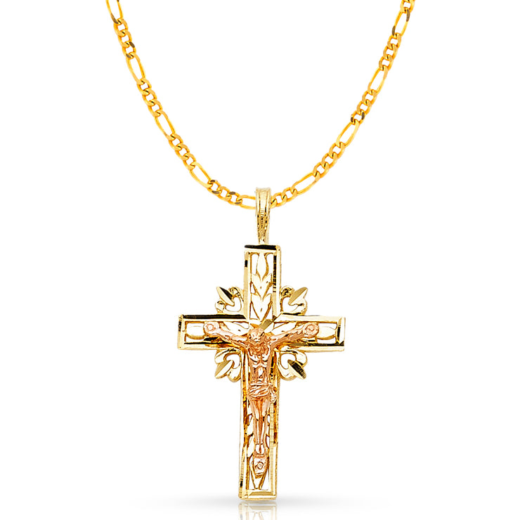 14K Gold Crucifix Charm Pendant with 2.3mm Figaro 3+1 Chain Necklace