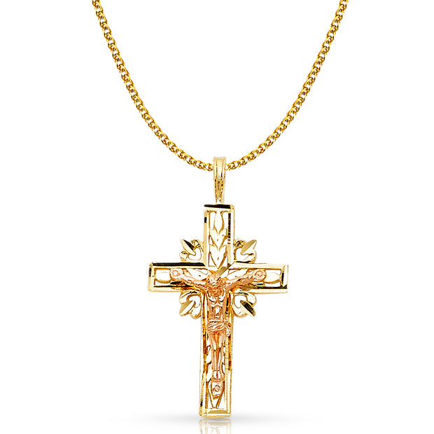 14K Gold Crucifix Charm Pendant with 1.5mm Flat Open Wheat Chain Necklace