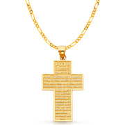 14K Gold Padre Nuestro Cross Charm Pendant with 3.1mm Figaro 3+1 Chain Necklace