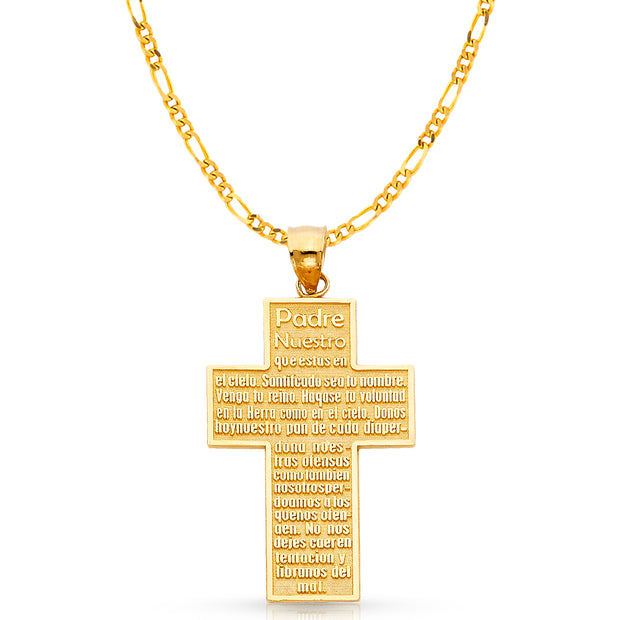 14K Gold Padre Nuestro Cross Charm Pendant with 3.1mm Figaro 3+1 Chain Necklace