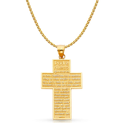 14K Gold Padre Nuestro Cross Charm Pendant with 1.7mm Flat Open Wheat Chain Necklace