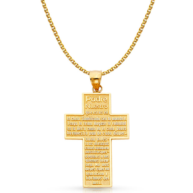 14K Gold Padre Nuestro Cross Charm Pendant with 1.7mm Flat Open Wheat Chain Necklace