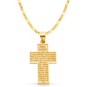 14K Gold Padre Nuestro Cross Charm Pendant with 2.3mm Figaro 3+1 Chain Necklace