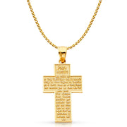 14K Gold Padre Nuestro Cross Charm Pendant with 1.5mm Flat Open Wheat Chain Necklace