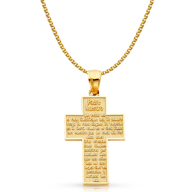 14K Gold Padre Nuestro Cross Charm Pendant with 1.5mm Flat Open Wheat Chain Necklace