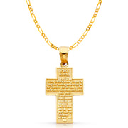 14K Gold Padre Nuestro Cross Charm Pendant with 2.3mm Figaro 3+1 Chain Necklace