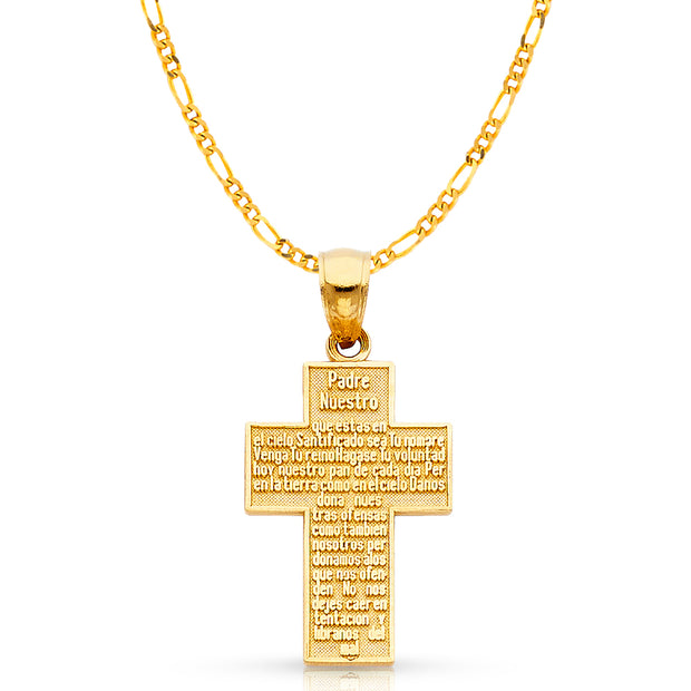 14K Gold Padre Nuestro Cross Charm Pendant with 2.3mm Figaro 3+1 Chain Necklace