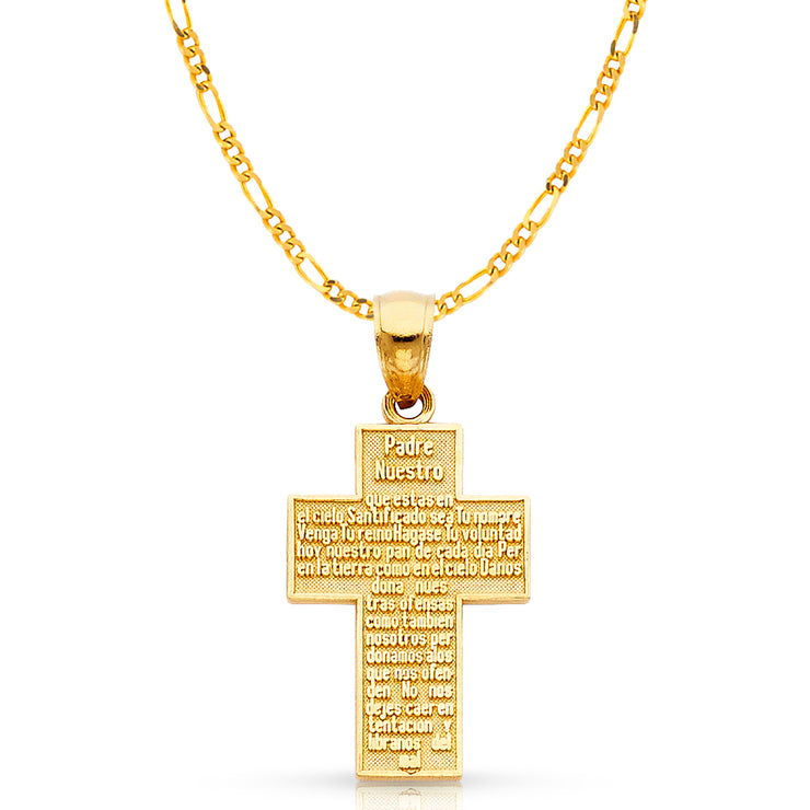 14K Gold Padre Nuestro Cross Charm Pendant with 2.3mm Figaro 3+1 Chain Necklace