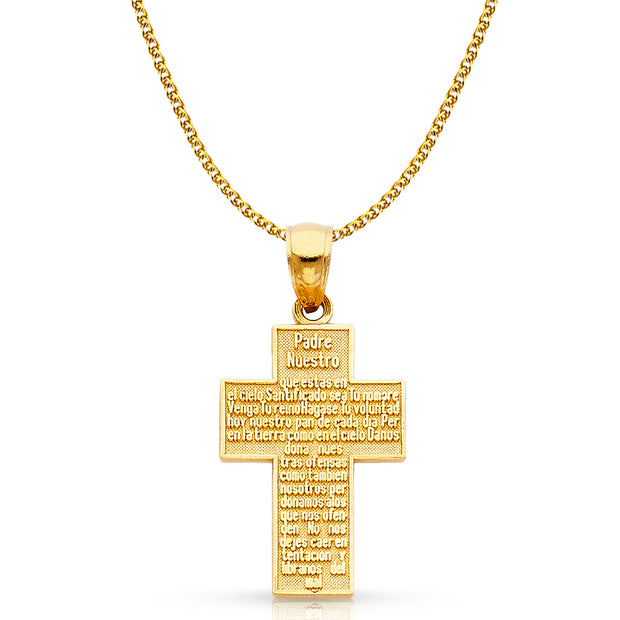 14K Gold Padre Nuestro Cross Charm Pendant with 1.5mm Flat Open Wheat Chain Necklace