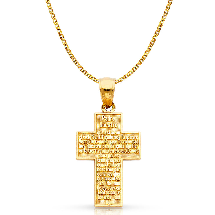 14K Gold Padre Nuestro Cross Charm Pendant with 1.5mm Flat Open Wheat Chain Necklace