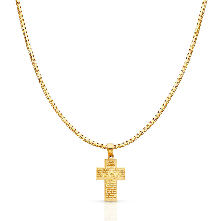 14K Gold Padre Nuestro Religious Cross Charm Pendant with 1.2mm Box Chain Necklace