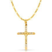 14K Gold CZ Crucifix Charm Pendant with 3.1mm Figaro 3+1 Chain Necklace