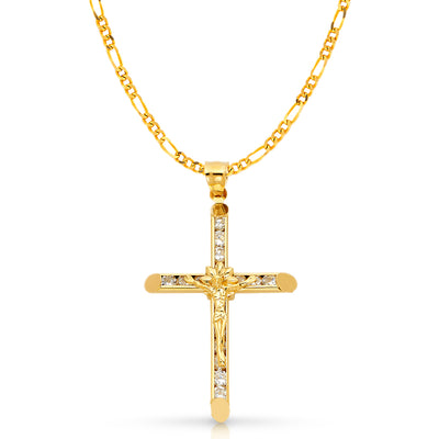 14K Gold CZ Crucifix Charm Pendant with 3.1mm Figaro 3+1 Chain Necklace