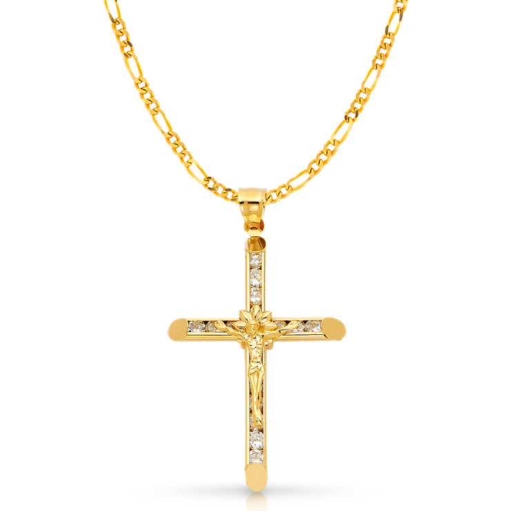 14K Gold CZ Crucifix Charm Pendant with 3.1mm Figaro 3+1 Chain Necklace