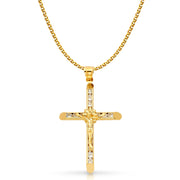 14K Gold CZ Crucifix Charm Pendant with 1.7mm Flat Open Wheat Chain Necklace