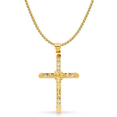 14K Gold CZ Crucifix Charm Pendant with 1.7mm Flat Open Wheat Chain Necklace