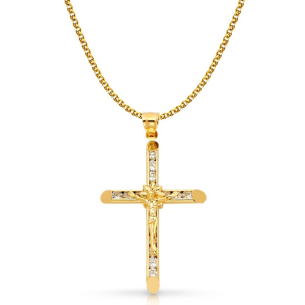 14K Gold CZ Crucifix Charm Pendant with 1.7mm Flat Open Wheat Chain Necklace