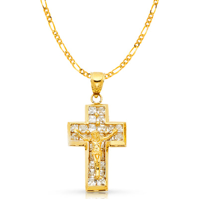 14K Gold CZ Crucifix Charm Pendant with 3.1mm Figaro 3+1 Chain Necklace