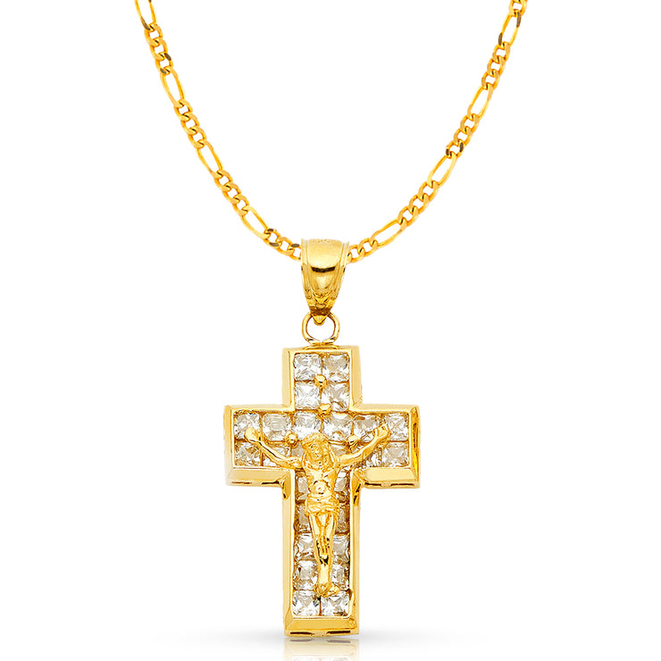 14K Gold CZ Crucifix Charm Pendant with 3.1mm Figaro 3+1 Chain Necklace