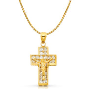 14K Gold CZ Crucifix Charm Pendant with 1.7mm Flat Open Wheat Chain Necklace