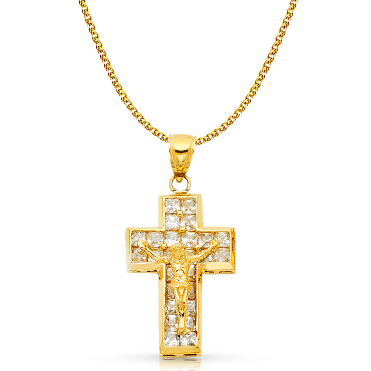 14K Gold CZ Crucifix Charm Pendant with 1.7mm Flat Open Wheat Chain Necklace