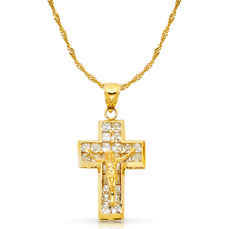 14K Gold CZ Crucifix Charm Pendant with 1.8mm Singapore Chain Necklace