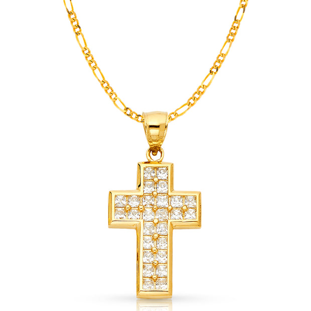 14K Gold CZ Cross Charm Pendant with 3.1mm Figaro 3+1 Chain Necklace