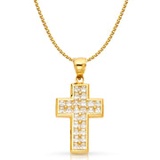 14K Gold CZ Cross Charm Pendant with 1.7mm Flat Open Wheat Chain Necklace