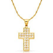 14K Gold CZ Cross Charm Pendant with 1.8mm Singapore Chain Necklace