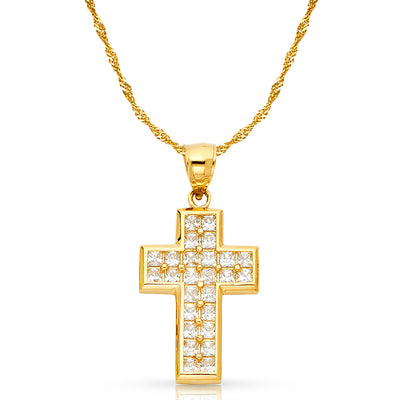 14K Gold CZ Cross Charm Pendant with 1.8mm Singapore Chain Necklace