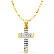 14K Gold CZ Cross Charm Pendant with 2.3mm Figaro 3+1 Chain Necklace