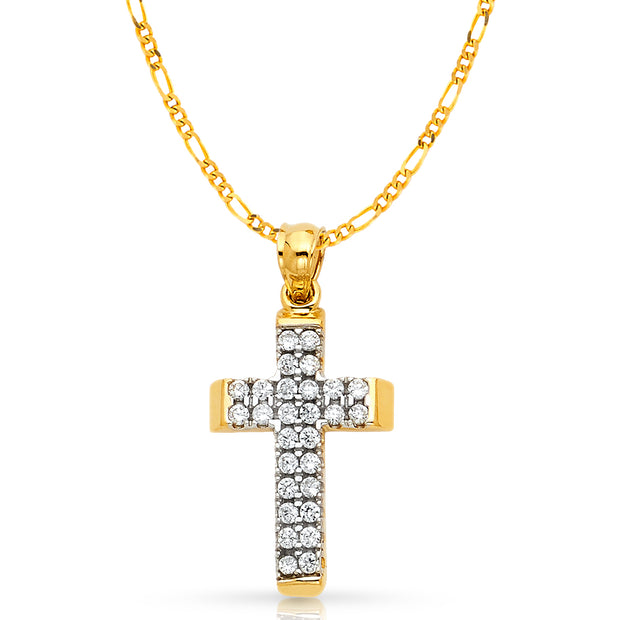 14K Gold CZ Cross Charm Pendant with 2.3mm Figaro 3+1 Chain Necklace