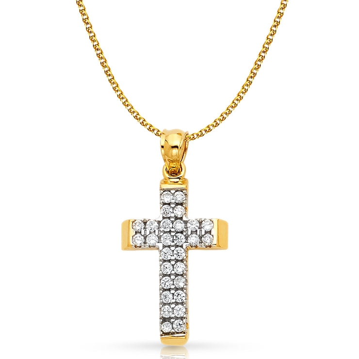 14K Gold CZ Cross Charm Pendant with 1.5mm Flat Open Wheat Chain Necklace