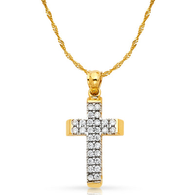 14K Gold CZ Cross Charm Pendant with 1.2mm Singapore Chain Necklace