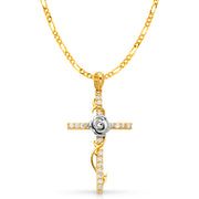 14K Gold CZ Cross with Rose Charm Pendant with 2.3mm Figaro 3+1 Chain Necklace