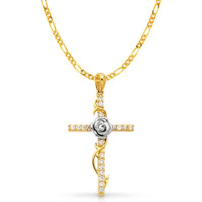 14K Gold CZ Cross with Rose Charm Pendant with 2.3mm Figaro 3+1 Chain Necklace