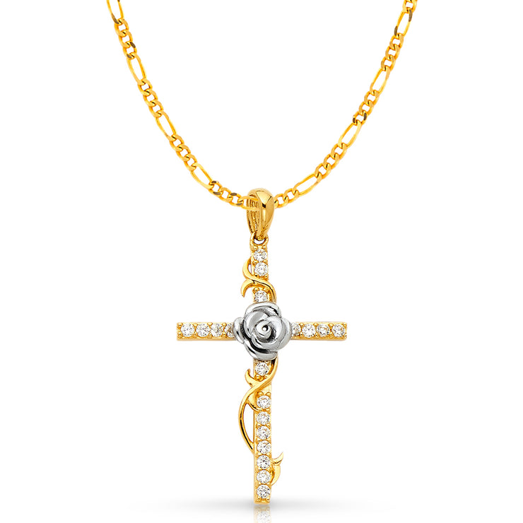 14K Gold CZ Cross with Rose Charm Pendant with 2.3mm Figaro 3+1 Chain Necklace