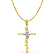 14K Gold CZ Cross with Rose Charm Pendant with 1.7mm Flat Open Wheat Chain Necklace