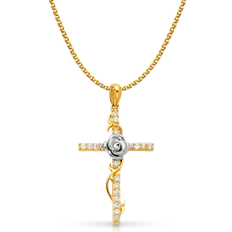 14K Gold CZ Cross with Rose Charm Pendant with 1.7mm Flat Open Wheat Chain Necklace