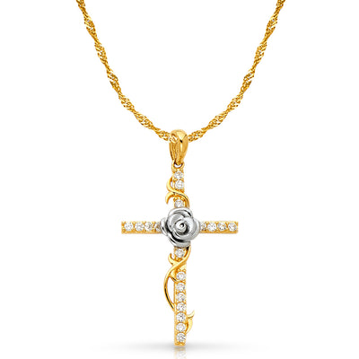 14K Gold CZ Cross with Rose Charm Pendant with 1.8mm Singapore Chain Necklace