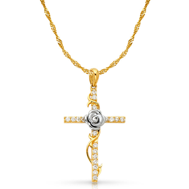 14K Gold CZ Cross with Rose Charm Pendant with 1.8mm Singapore Chain Necklace