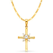 14K Gold CZ Cross Charm Pendant with 2.3mm Figaro 3+1 Chain Necklace