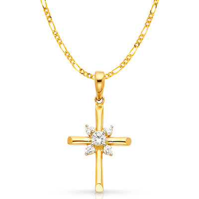 14K Gold CZ Cross Charm Pendant with 2.3mm Figaro 3+1 Chain Necklace