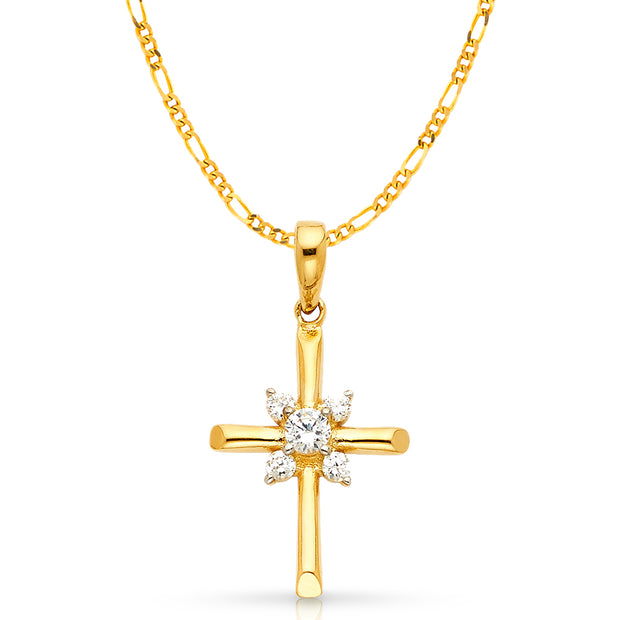 14K Gold CZ Cross Charm Pendant with 2.3mm Figaro 3+1 Chain Necklace