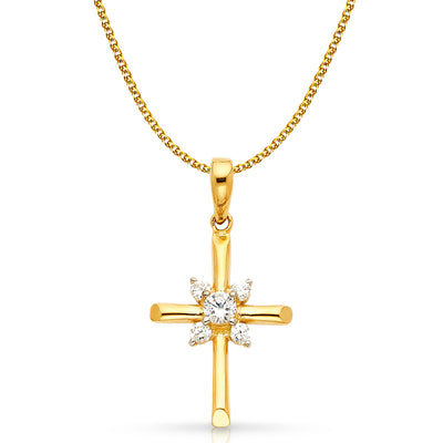 14K Gold CZ Cross Charm Pendant with 1.5mm Flat Open Wheat Chain Necklace